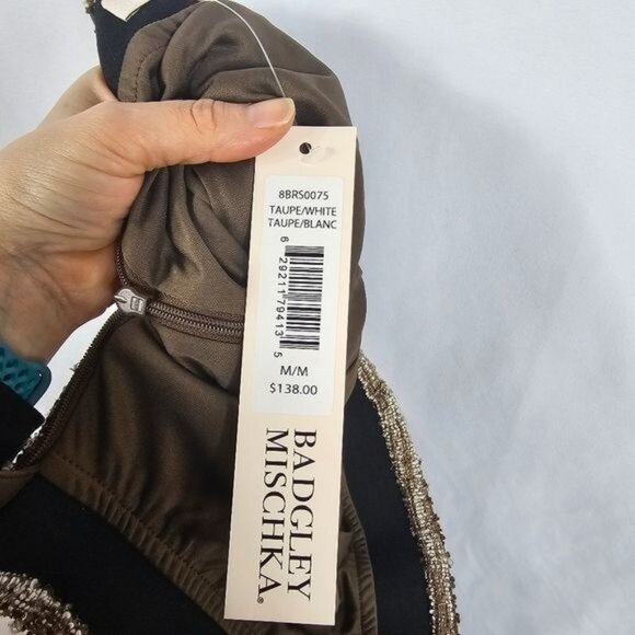 Badgley Mischka Frayed Hem Boucle Mini Skirt Sz M Brown Metallic Stretch Waist - Picture 7 of 11